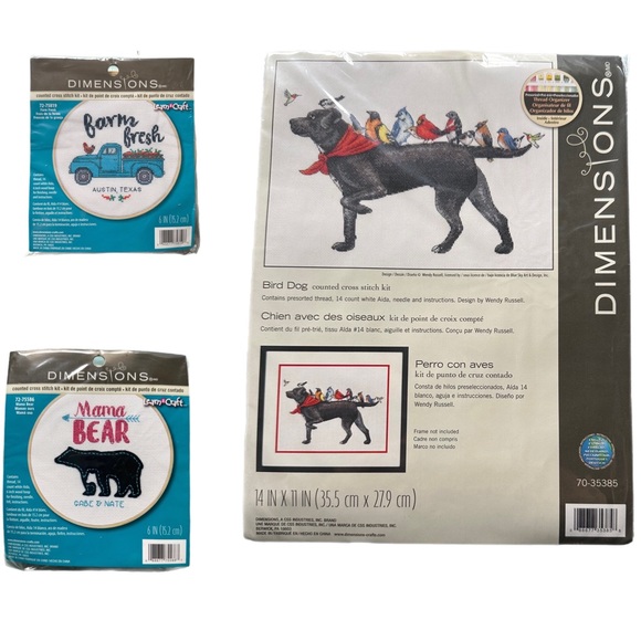 Set of 3 Dimensions Cross Stitch Kits – Bird Dog, Farm Fresh, Mama Bear Embroide - Picture 1 of 3